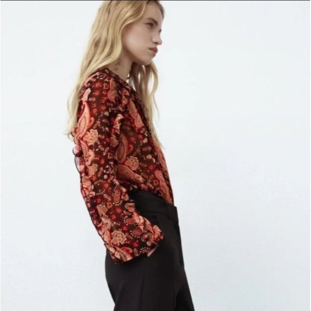 Zara Bodysuit, XS, Sheer Ruffled Sleeves & Collar, Autumn, New
